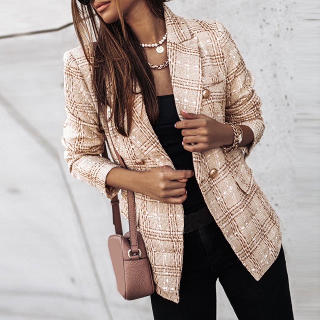 Women’s Tweed Check Double-Breasted Blazer – Vintage Fit, Gold Buttons