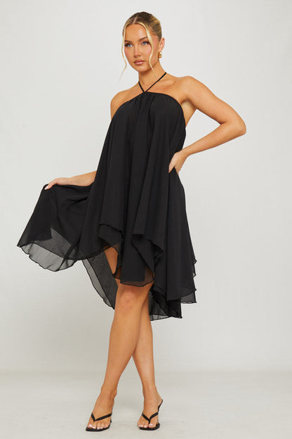 Black Chiffon Halter Asymmetric Mini Dress