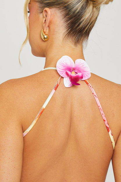Yellow Floral Print High Neck Backless Mini Dress