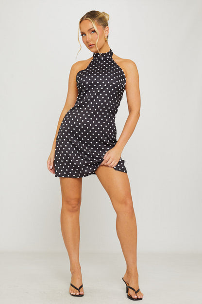 Black Polka Dot Halterneck Open Back Mini Dress