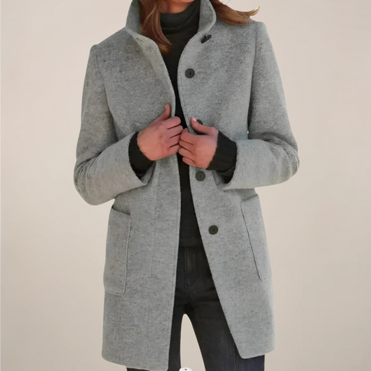 Women’s Long Coat – Grey, Single-Breasted, Stand Collar