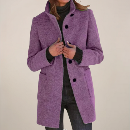 Women’s Long Coat – Grey, Single-Breasted, Stand Collar
