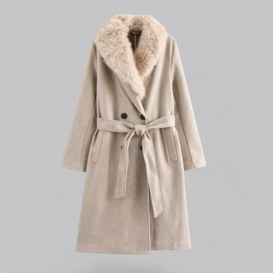 Women’s Beige Double-Breasted Trench Coat with Faux Fur Collar – Belted Longline Design