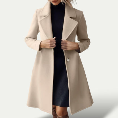 Women’s Beige Long Winter Overcoat – Elegant Lapel Wool-Style Coat
