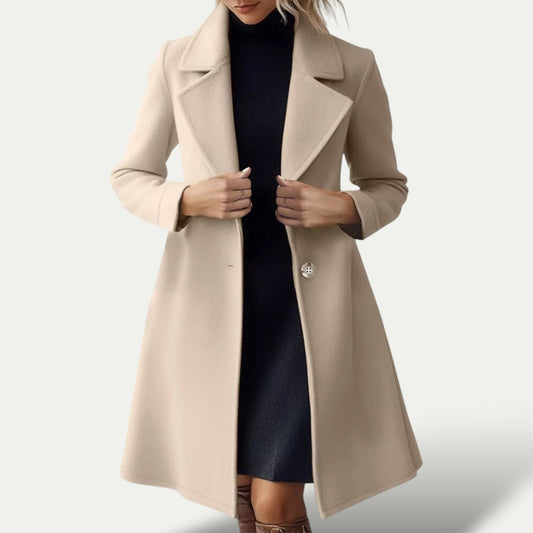 Women’s Beige Long Winter Overcoat – Elegant Lapel Wool-Style Coat