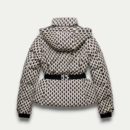 Women’s Beige Patterned Puffer Jacket – Belted, Water-Resistant, Insulated