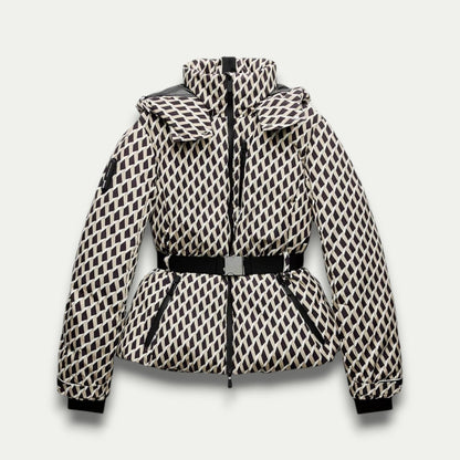 Women’s Beige Patterned Puffer Jacket – Belted, Water-Resistant, Insulated