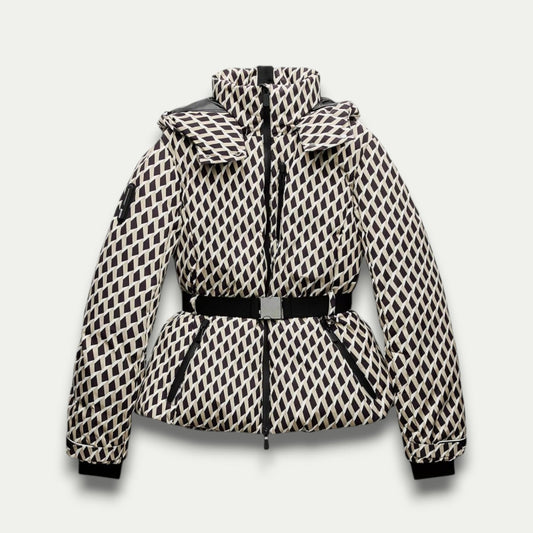 Women’s Beige Patterned Puffer Jacket – Belted, Water-Resistant, Insulated