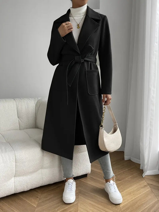 Women’s Belted Long Overcoat – Minimalist Lapel Design for Fall & Winter