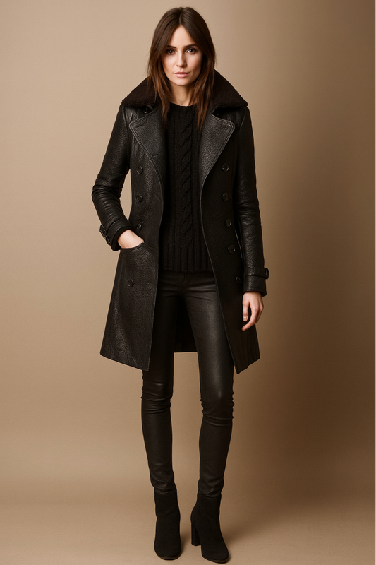 Women’s Black Leather-Look Trenchcoat – Belted, Double-Breasted