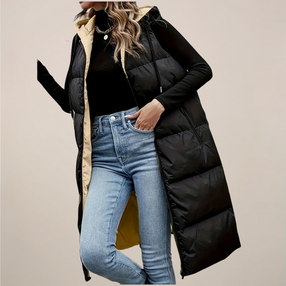 Women’s Black Longline Puffer Gilet – Hooded, Zip Front, Zipped Pockets