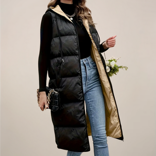 Women’s Black Longline Puffer Gilet – Hooded, Zip Front, Zipped Pockets