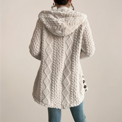 Women’s Cream Hooded Jacquard Plush Coat – Warm All-Season Cardigan Jacket