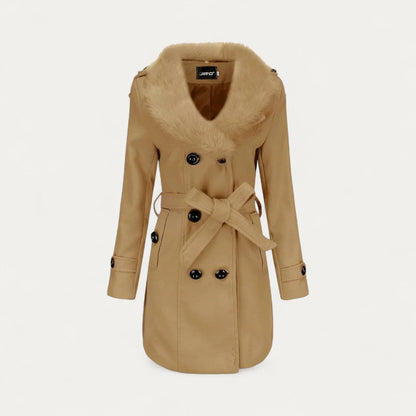 Women’s Double-Breasted Belted Trench Coat with Faux Fur Collar