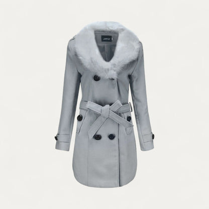Women’s Double-Breasted Belted Trench Coat with Faux Fur Collar