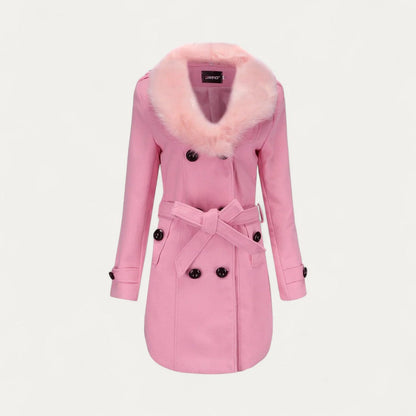 Women’s Double-Breasted Belted Trench Coat with Faux Fur Collar