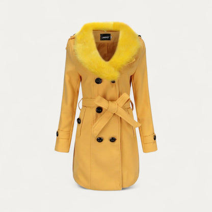 Women’s Double-Breasted Belted Trench Coat with Faux Fur Collar