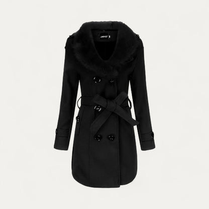Women’s Double-Breasted Belted Trench Coat with Faux Fur Collar