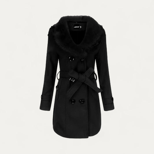 Women’s Double-Breasted Belted Trench Coat with Faux Fur Collar