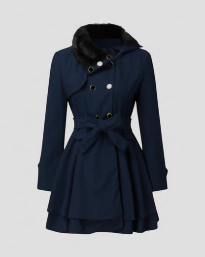 Women’s Double-Breasted Belted Winter Coat – Fur Collar Elegance