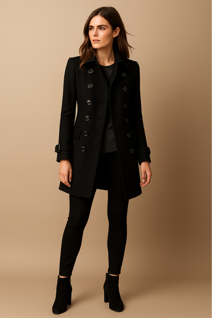 Women’s Long Coat – Double-Breasted, Mid-Length, Classic Collar