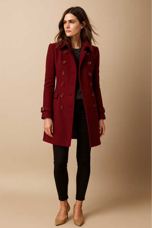 Women’s Long Coat – Double-Breasted, Mid-Length, Classic Collar
