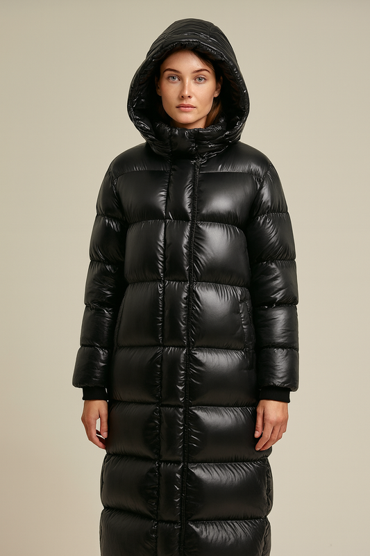 Women’s Long Padded Winter Coat – Hooded – Full-Length – Quilted Design