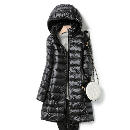 Women’s Longline Puffer Jacket – Hooded, Lightweight, Quilted