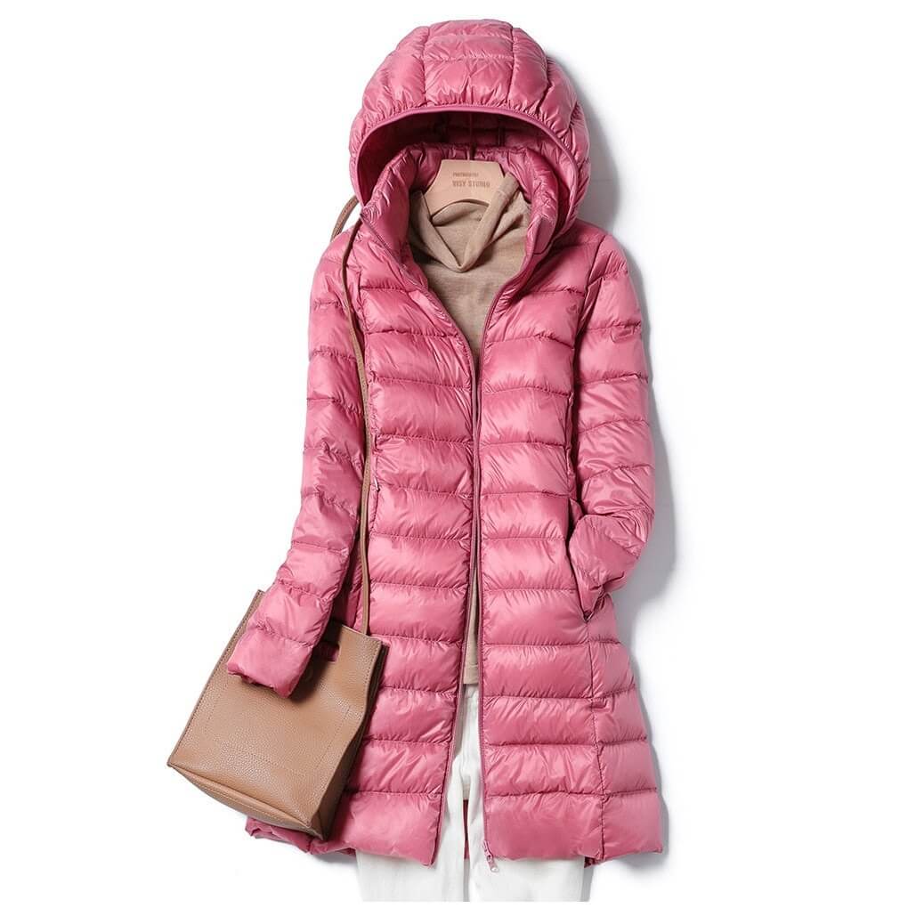 Women’s Longline Puffer Jacket – Hooded, Lightweight, Quilted