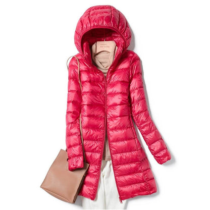 Women’s Longline Puffer Jacket – Hooded, Lightweight, Quilted