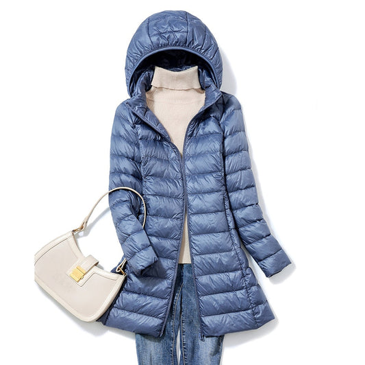 Women’s Longline Puffer Jacket – Hooded, Lightweight, Quilted