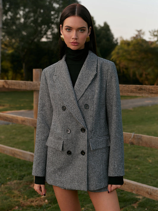 Women’s Luxury Tweed Blazer – Houndstooth Long Sleeve Classic Fit - Double-Breasted