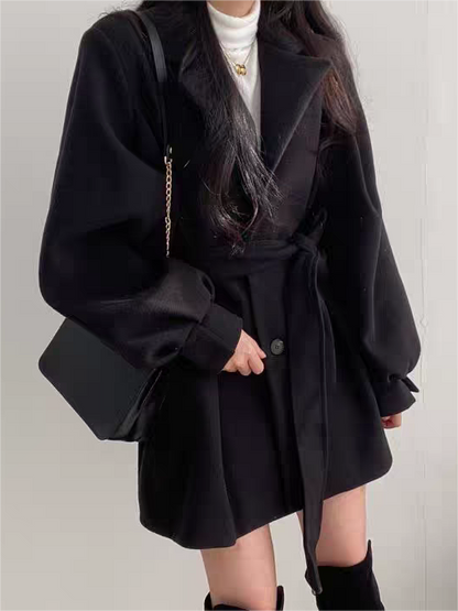 Women’s Puff Sleeve Belted Coat – Lapel Collar, Short Length