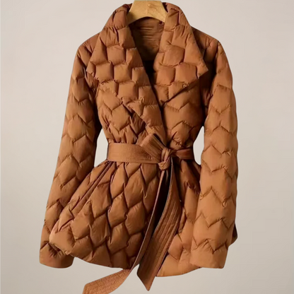 Women’s Puffer Jacket – Quilted Design – Belted Waist – Elegant Fit