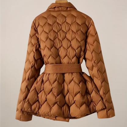 Women’s Puffer Jacket – Quilted Design – Belted Waist – Elegant Fit