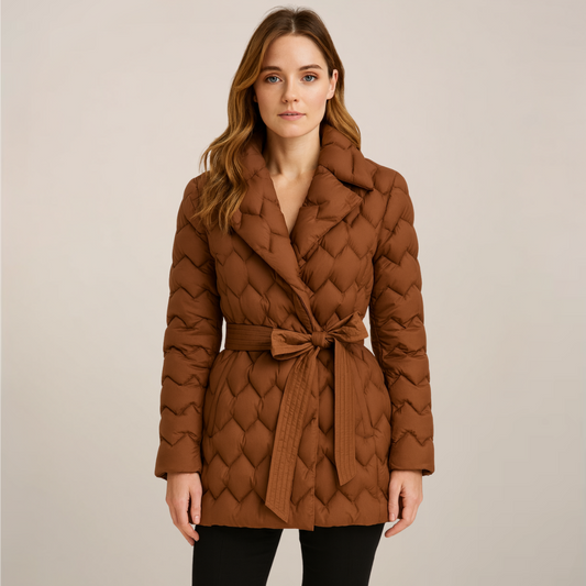 Women’s Puffer Jacket – Quilted Design – Belted Waist – Elegant Fit