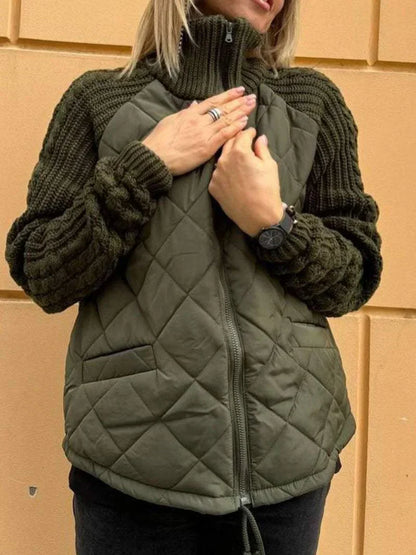 Women’s Quilted Jacket – Textured Sleeves, Funnel Neck, Zip Front