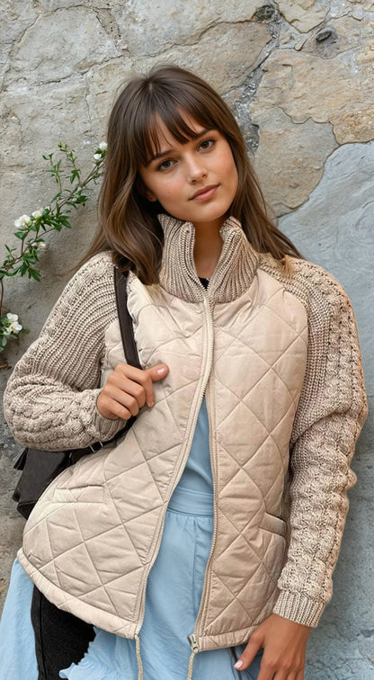 Women’s Quilted Jacket – Textured Sleeves, Funnel Neck, Zip Front
