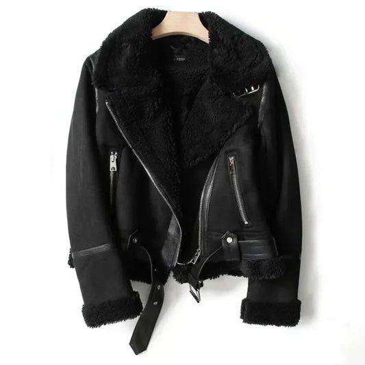 Women’s Shearling Biker Jacket – Sherpa Lined with Belted Hem