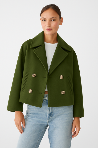 Women’s Short Coat – Wide Lapels, Two-Row Button Front, Cropped Boxy Fit