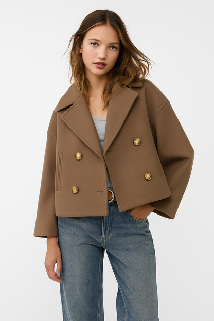 Women’s Short Coat – Wide Lapels, Two-Row Button Front, Cropped Boxy Fit