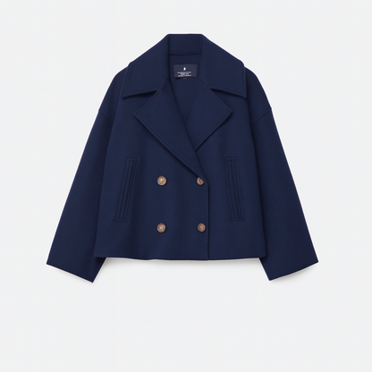 Women’s Short Coat – Wide Lapels, Two-Row Button Front, Cropped Boxy Fit