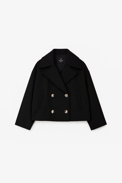 Women’s Short Coat – Wide Lapels, Two-Row Button Front, Cropped Boxy Fit