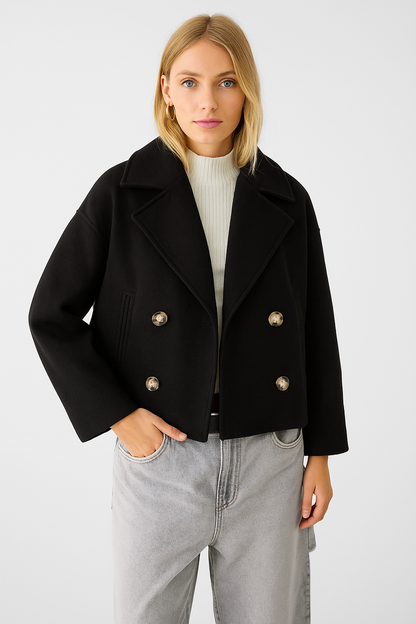 Women’s Short Coat – Wide Lapels, Two-Row Button Front, Cropped Boxy Fit