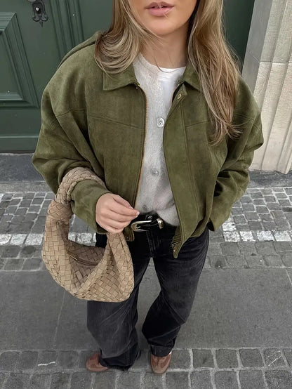 Women’s Short Jacket – Faux Suede, Oversized, Elasticated Hem