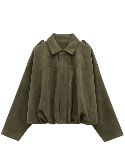 Women’s Short Jacket – Faux Suede, Oversized, Elasticated Hem