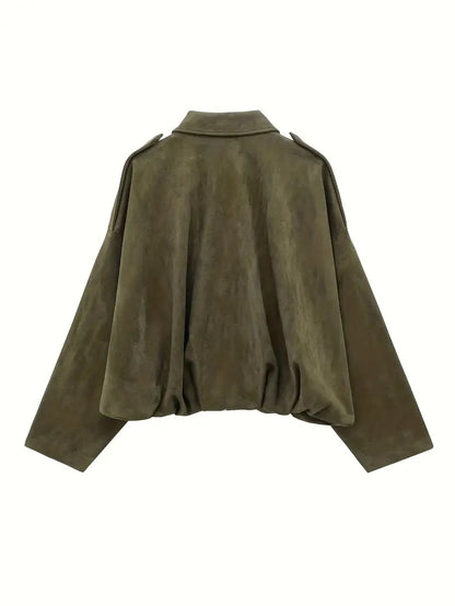 Women’s Short Jacket – Faux Suede, Oversized, Elasticated Hem
