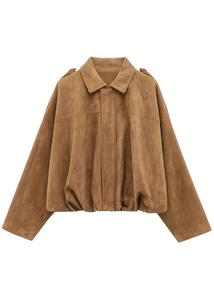 Women’s Short Jacket – Faux Suede, Oversized, Elasticated Hem