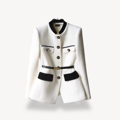 Women's Tailored Belted Blazer – Velvet Detail & Gold-Tone Finish