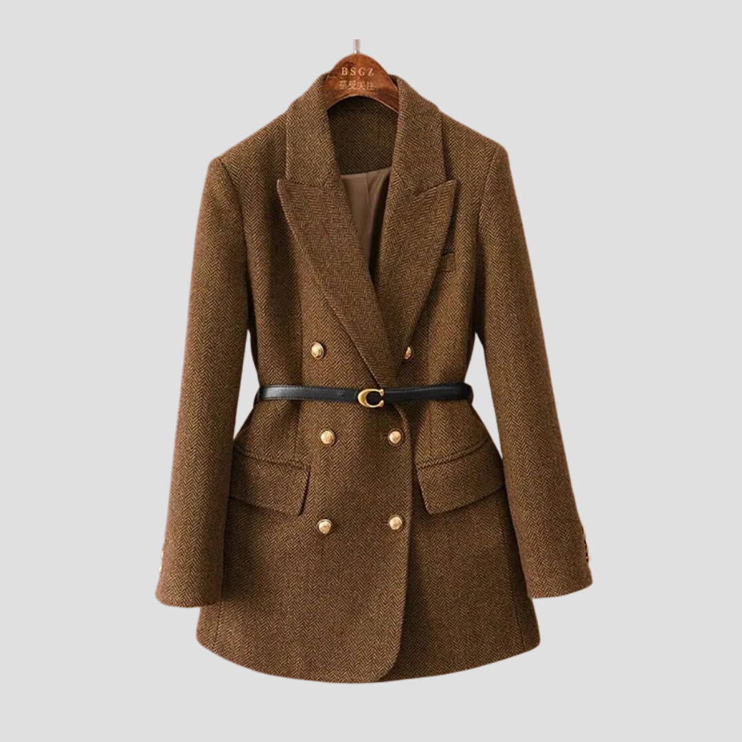 Women’s Tweed Blazer Coat – Double-Breasted, Belted, Peak Lapel